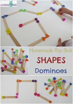 homemade pops stick shapes are used to make dominos for the shape and color match