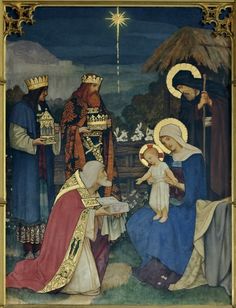 the nativity scene with three wise men and a baby jesus, painted by an unknown artist - stock image