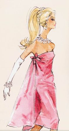 a drawing of a woman in a pink dress and white gloves with her hand on her hip