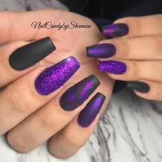 Black Coffin Nail Designs, Purple And Black Nails, Matte Purple Nails, Inspirational Nails, Black And Purple Nails, Purple And Silver Nails, Coffin Nail Designs, Dark Purple Nails