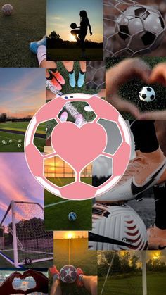 a collage of photos with soccer balls and people holding hands in front of them