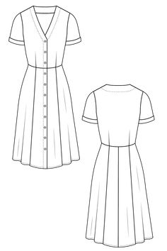 a line drawing of a dress with buttons on the front and back, in black and white