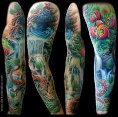 some very colorful tattoos on the arms and legs