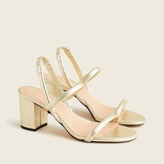 J.Crew: Lucie Slingback Block-heel Sandals In Metallic Leather For Women Prom Heels, Bridesmaid Shoes, Shoe Inspo, Gold Shoes, Gold Heels, Slingback Heel, Block Heels Sandal, Formal Shoes, Gold Leather