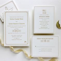 the wedding stationery is laid out on top of each other, with gold foil