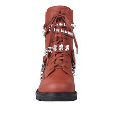 These vibrant and stylish boots will let you enter the world with style. These privileged boots, which are made of vegan leather and adorned with chains and studs, will stand out and provide an edgy edge to any ensemble. They are the ideal choice to transition your outfits from day to night, with an ankle buckle closure for a snug fit and a 1.5"H heel. These fashionable boots are ideal for wearing with jeans or skirts and are sure to draw attention. With these shoes, you'll undoubtedly feel pamp Trendy Lace-up Boots With Cushioned Footbed, Trendy High Heel Lace-up Boots Medium Width, Casual Heels With Lug Sole For Fall, Trendy Lace-up Boots With Lug Sole And Flat Heel, Trendy Low Heel Boots For Spring, Trendy High-top Heels For Fall, Spring Faux Leather Lace-up Boots With Flat Heel, Trendy Synthetic Lace-up Boots For Fall, Trendy Lace-up Boots With Reinforced Flat Heel