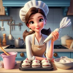 a cartoon character is cooking cupcakes in the kitchen with a whisk