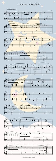 sheet music with the words little star at ease written in white and blue on it