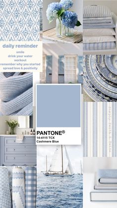 pantone's blue and white color scheme with sailboats, flowers, and linens