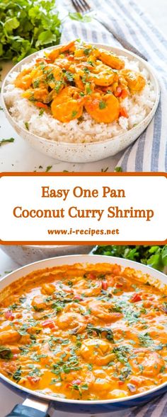 an easy one pan coconut curry shrimp recipe with rice and garnishes on the side