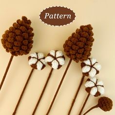 crocheted cotton flowers and leaves are arranged in a row with the words pattern above them