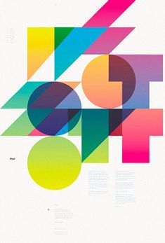 an abstract poster with different colors and shapes on it's back side, including the letters