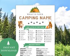 a camping sign with the words what is your camping name and pictures of animals