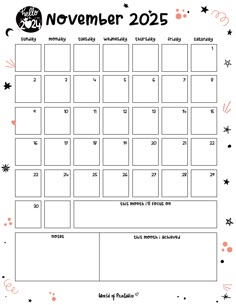 a printable november calendar for the month of november with stars and moon on it