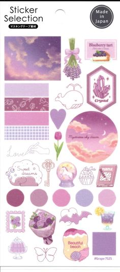 the sticker selection is shown in purple and pink tones, with different designs on it