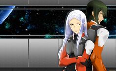 two anime characters standing next to each other in front of a space station with stars