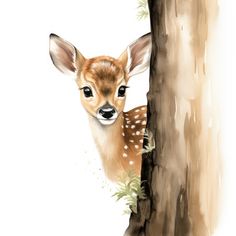 a painting of a baby deer peeking out from behind a tree