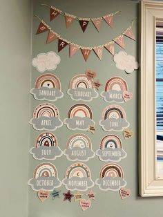 a bulletin board with rainbows and clouds hanging on the wall next to a window