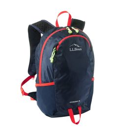 a blue backpack with red straps on the front and side pockets, it's attached to