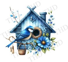 a blue bird sitting on top of a wooden house with flowers and leaves around it