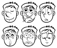 six cartoon faces with different expressions and facial expressions, including one man's face