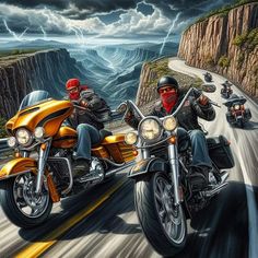 two motorcyclists riding down the road in front of a storm