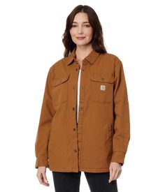 PRICES MAY VARY. Fleece lining Built to move with Rugged Flex stretch technology Loose fit Snap front Open collar Shirt Jacket Womens, Carhartt Shirts, Carhartt Womens, Carhartt Women, Women's Jackets, Branded Sweatshirts, Women's Coats, Front Open, Shirt Jacket