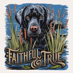 a black dog sitting in tall grass with the words, faith and true on it