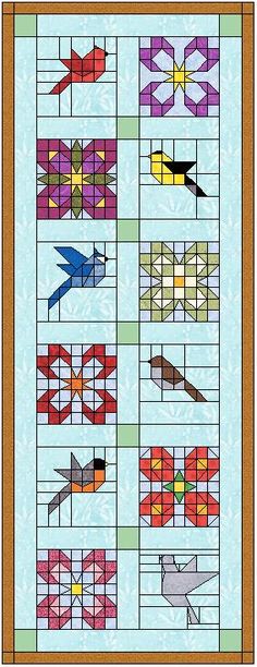 a quilted pattern with birds and arrows on the front, as well as an image of