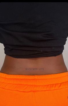 Back
Small font
Cute
Black ink
Tattoo 
Black girl Tramp Stamp Tattoos Words, Cute Shoulder Tattoos, Back Tattoo Women Spine, Black Girls With Tattoos, Petite Tattoos, Back Of Shoulder Tattoo, Spine Tattoos For Women