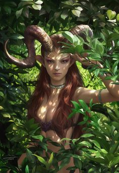 a woman with long hair and horns standing in the woods, surrounded by green leaves