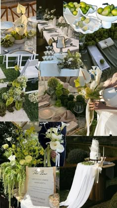 a collage of photos with green and white flowers in vases, chairs, table linens