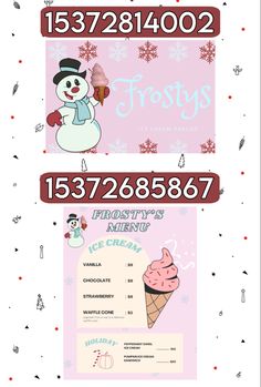 an advertisement for frosty's ice cream shop with snowmen on the front and back