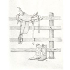 a pencil drawing of a cowboy's boot and boots hanging on a wooden fence