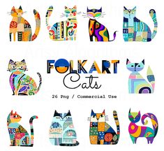 an image of folk art cats in different colors and sizes with the words folk art cats below it