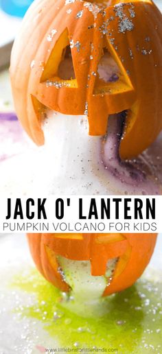 jack o'lanterner pumpkin volcano for kids is an easy halloween science project that uses melted paint and foam