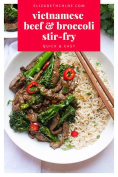 beef and broccoli stir - fry on a plate with chopsticks next to it