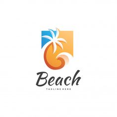 the beach logo is designed with an orange and blue wave, palm tree and sun