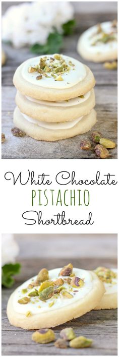 white chocolate pistachio shortbread cookies are stacked on top of each other