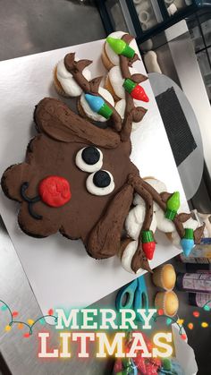 there is a cake decorated like a reindeer