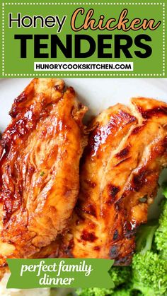 honey chicken tenders on a plate with broccoli