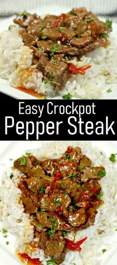 an easy crockpot pepper steak is served over white rice and garnished with parsley