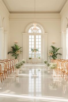 an empty room with chairs and plants in it