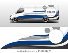 a white van with blue stripes and the words brand on it is parked in front of an abstract background