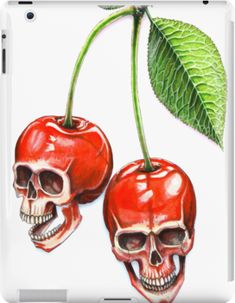 two cherries with skulls and leaves on them