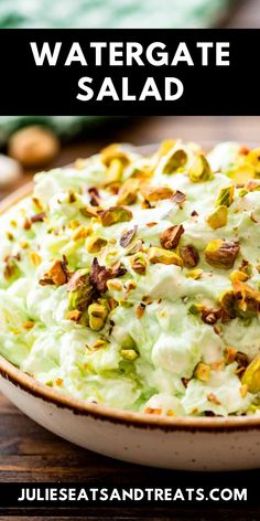 Watergate salad is a classic fluff salad that's perfect for any holiday or party. It's incredibly quick and easy to make, taking only about 5 minutes to assemble. If you love pistachios, you'll adore this salad! It's packed with flavor from the pineapple, pistachios, marshmallows, pistachio pudding, and Cool Whip. Pudding And Cool Whip, Strawberry Jello Salad, Cookie Salad, Fluff Salad Recipes, Snickers Salad, Watergate Salad, Fluff Salad, Pistachio Pudding, Jello Salad