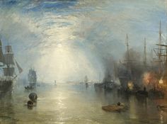 a painting of ships in the water with fog and light coming from behind them on a cloudy day