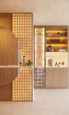 the interior of a modern bathroom with wood paneling and glass partitions on the walls