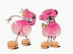 two cartoon characters are standing next to each other, one is pink and the other is orange