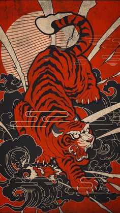 a red and black poster with a tiger on it's face, surrounded by clouds